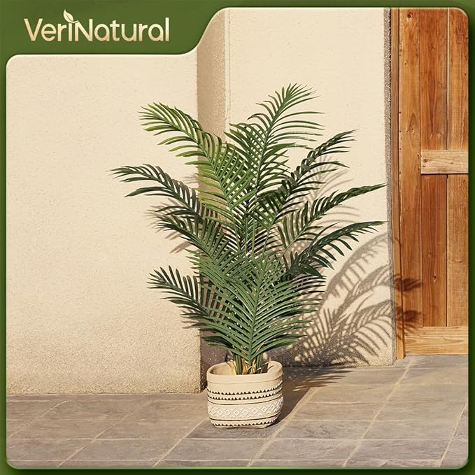 Artificial Palm Tree, 4FT Tall Fake Palm Trees with UV Resistant Leaves, Potted Faux Areca Palm Plant for Indoor Outdoor, Large Floor Plants for Home Living Room Porch Decor, VN125