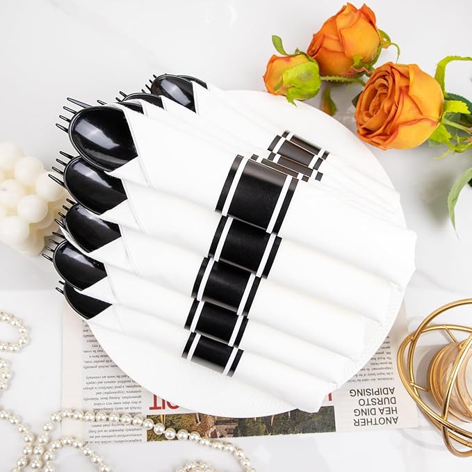 Supernal 60 Pack Hevy Duty Rolled Black Plastic Silverware,Pre Wrapped Cutlery with Napkins, Rolled Plastic Forks and Spoons, Black Disposable Silverware Suit for Party, Birthday
