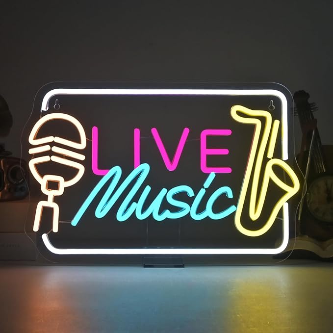 Horseneon Live Music Neon Sign Bright LED Wall Decoration for Music Venues, Bars, Clubs or Homes, USB Power Adjustable Brightness, Classic Song Theme Decoration