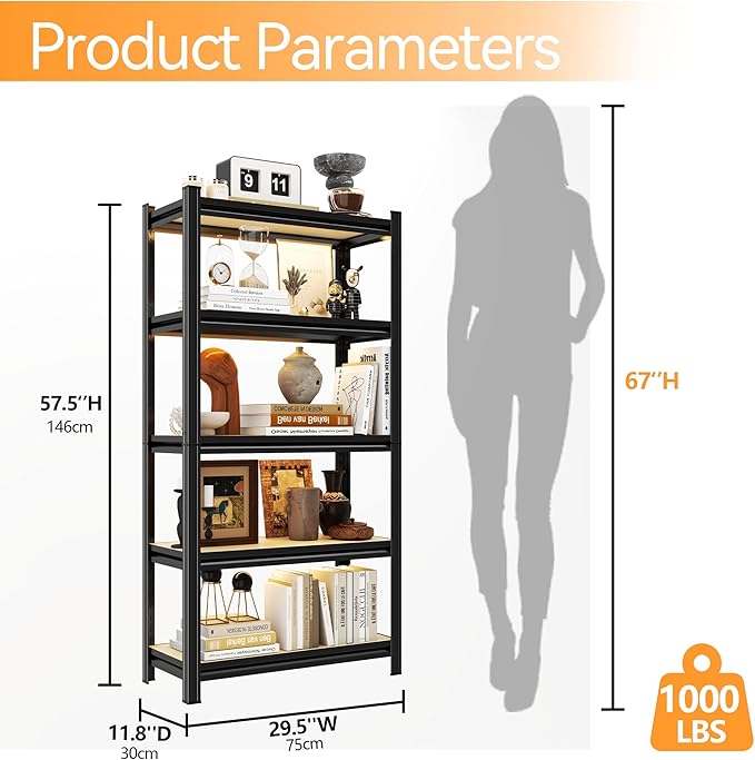 Tall Bookshelf with Open Shelves, Metal and Wood Office Book Shelf, Adjustable Organizer Bookcase, Standing Storage Organizer Shelf for Living Room (29.5" W*11.8" D*57.5" H)