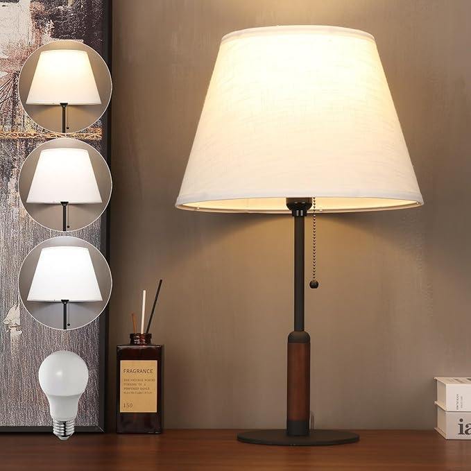 21" Table Lamps for Night Stands Bedside Lamp for Living Room Bedroom Lamp for End Tables 3-Color Pull Chain Switch Walnut Wood Fabric for Home/Office/Desk Decor (Off White+Sand Black)