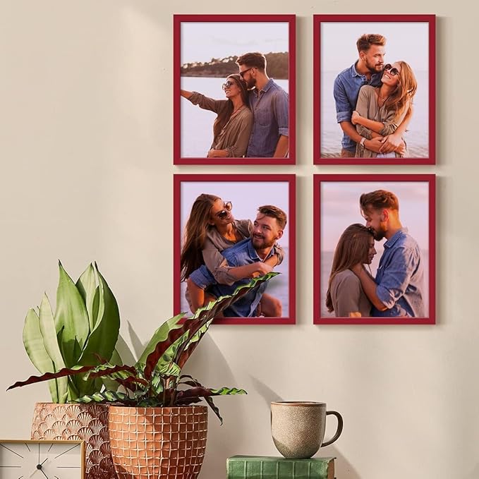 Renditions Gallery Set of 4, 11X14 Custom Photo Prints with Real Wood Picture Frames. Create Personalized Photos with Peel & Stick Photo Frames. Red Frame