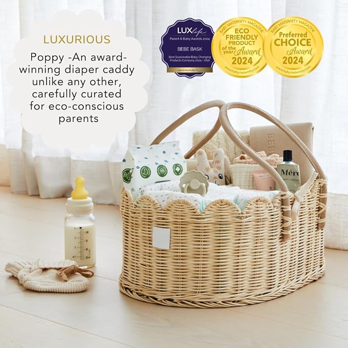 BEBE BASK Premium Baby Diaper Caddy Organizer - Handmade & Award-Winning Scalloped Rattan Basket - Luxury Diaper Caddy Basket - Elegant Scalloped Edge (Natural)