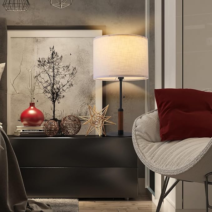 21" Set of 2 Modern Table Lamp Bedside Lamps for Bedroom Living Room Nightstand Lamp for End Tables 3-Color Pull Chain Wood Fabric for Home Office Desk Decor (Off White+Sand Black)