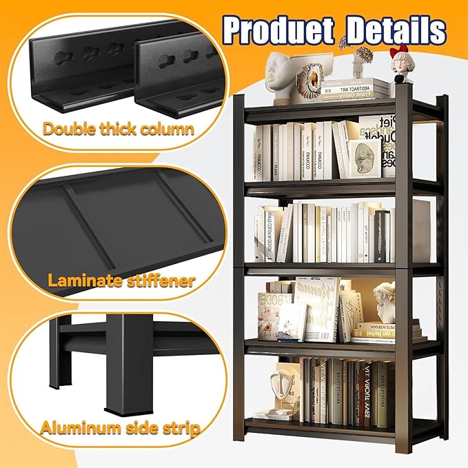 Tall Bookshelf with Open Shelves, Metal Office Book Shelf, Adjustable Organizer Bookcase, Standing Storage Organizer Shelf for Living Room (24" W*14" D*63" H)
