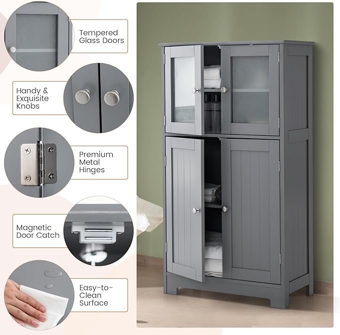 GOFLAME Bathroom Storage Cabinet, Freestanding Storage Cabinet with 4 Doors, Wooden Kitchen Cupboard with Adjustable Shelf, Buffet Sideboard, Multipurpose Home Organizer for Bathroom, Kitchen, Grey