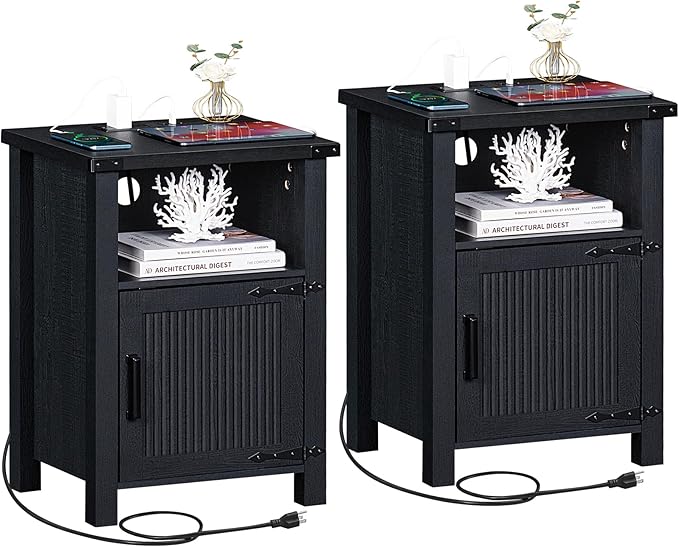 Night Stand Set of 2, 18 Inch Farmhouse Nightstand with with Charging Station and USB Port, Rustic Couch End Table with Magnetic Door, Wood Bed Side Tables for Bedroom, Home, Black