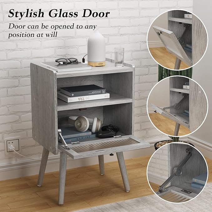 Mid Century Modern Nightstand with Charging Station, Bedside Tables with Glass Door, End Table Side Table with 2 Tiers Storage Space, for Bedroom, Living Room, Light Grey