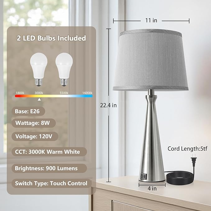 Seealle Modern Table Lamps Set of 2 - Touch Bedside Lamp for Nightstand with USB C+A,3-Way Dimmable Silver Nightstand Lamps for Living Room Bedroom End Table with Grey Shade(Bulb Included)