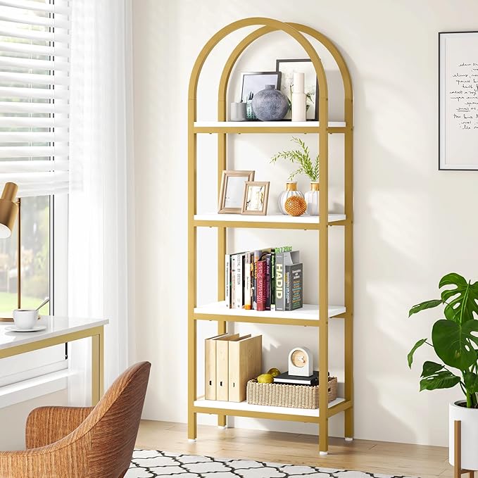Tribesigns 4-Tier Open Bookshelf, 70.8" Modern Wood Bookcase Storage Shelves with Metal Frame, Freestanding Display Rack Tall Shelving Unit for Office, Bedroom, Living Room (White & Gold, 1PC)