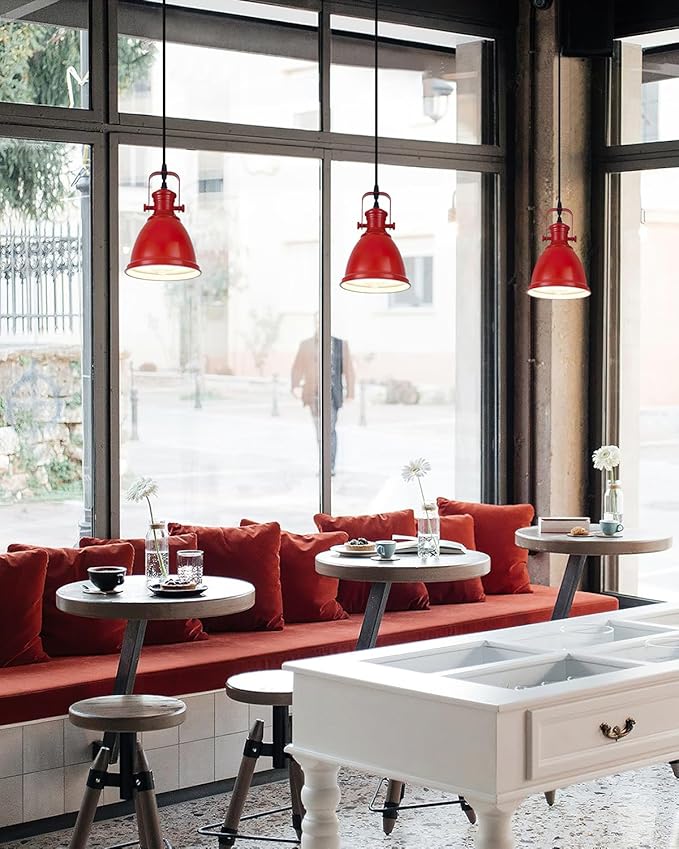 Red Pendant Lights Kitchen Island 3 Pack, Vintage Pendant Light, 6.5’’ Farmhouse Pendant Light Fixtures, Adjustable Height, Pendant Lighting for Dining Room, Living Room, Sink, Bar