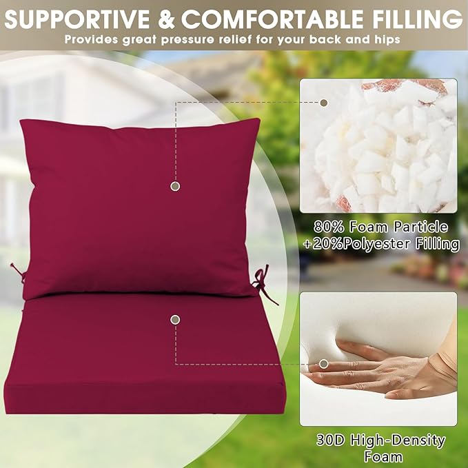 Outdoor Seat Cushion Set 24 x 24 In, Water-Resistant & Fade-Resistan, Patio Furniture Cushions with Removable Cover Deep Seat & Back Cushion with Handle and Adjustable Straps for Chair Sofa,2PC