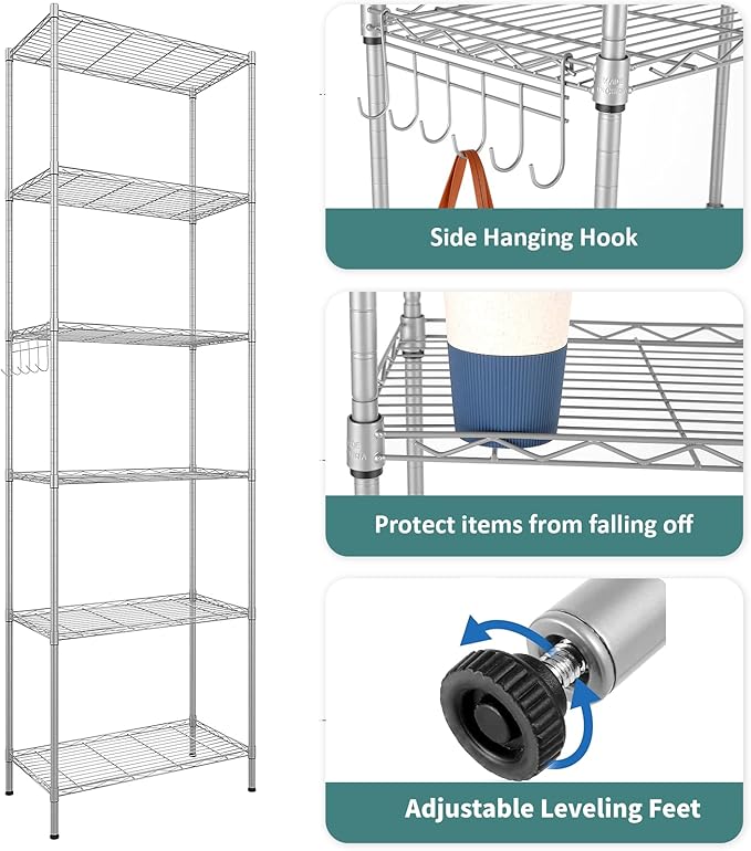 Homdox 6-Tier Storage Shelf Wire Shelving Unit Free Standing Rack Organization with Adjustable Leveling Feet, Stainless Side Hooks, Silver