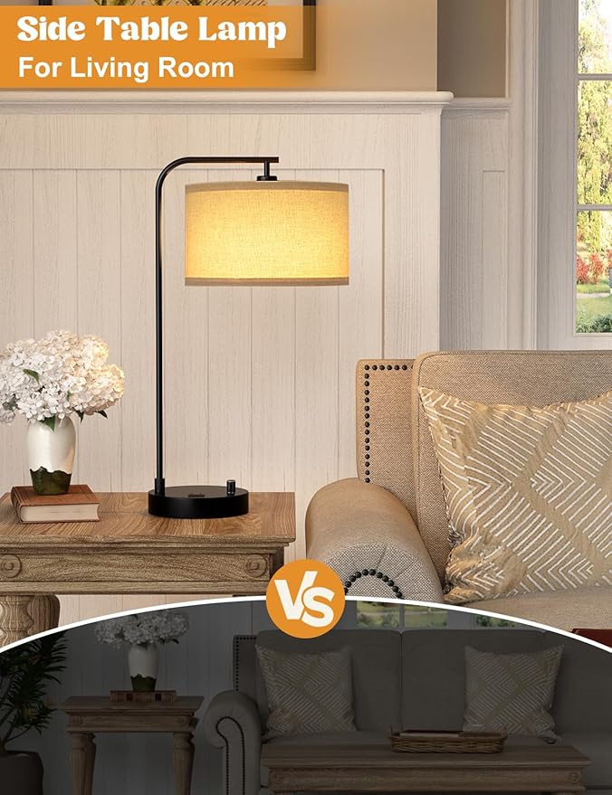 Tall Table Lamp with USB Port and Outlet, Dimmable Nightstand Bedside Lamps with Linen Lampshade, Desk Lamp for Bedroom, Living Room, Guest Room, Home Office, LED Bulb Included