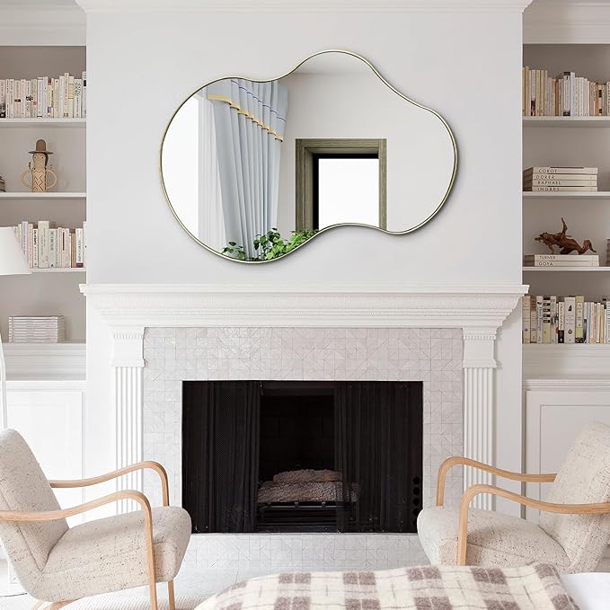 Gold Irregular Mirror, 36"x26" Asymmetrical Wall Mirrors with Metal Frame, Waved Shaped Decorative Mirrors for Living Room Bathroom Bedroom Hallway Entryway Fireplace