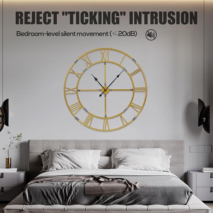 Large Wall Clock for Living Room Decor – 48 Inch Silent Non-Ticking Modern Farmhouse Wall Clock, Oversized Decorative Metal Roman Numeral Clock, Gold