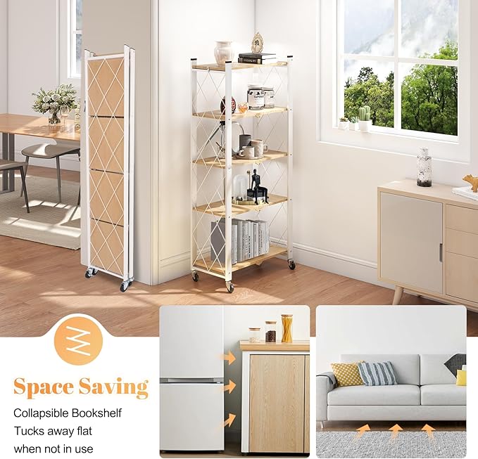 BAOYOUNI 5-Tier Vintage Industrial Bookshelf - No Assembly Folding Storage Shelf with Woodgrain Finish | Collapsible Metal Bookcase for Living Room, Office & Bedroom