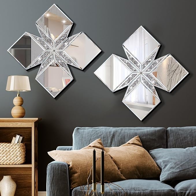 Crushed Diamond Decorative Mirror 22.25x22.25” Diamond Shape Glass Wall Mirror for Home Decoration, Exquisite Accent Wall Decor