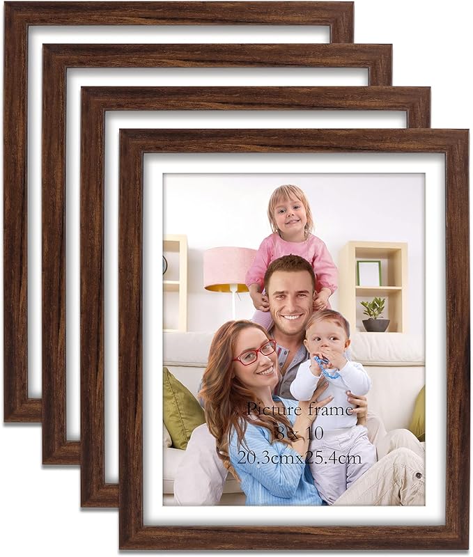 Giftgarden Brown 8x10 Picture Frame Set of 4, 9x11 Frames with Mat for 8” by 10” Photos, Rustic Walnut Wood-Color Frames for Wall or Tabletop