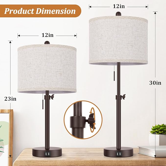 Modern Brown Table Lamps Set of 2, 23’’-30’’ Adjustable Bedroom Lamps with 2 USB Ports, Living Room Lamp Set with Cream Linen Shade, Industrial Desk Lamp for Nightstand End Table Home Office Reading