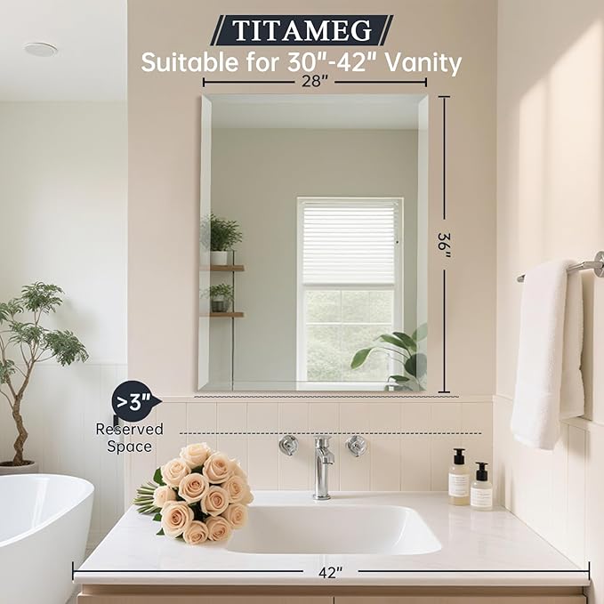 28x36 Inch Frameless Wall Mirror with 1" Beveled Edge, Frameless Rectangle Mirror for Bathroom, Vanity, Living Room