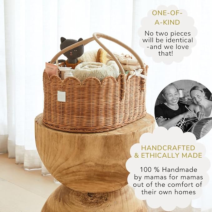 BEBE BASK Premium Baby Diaper Caddy Organizer - Handmade & Award-Winning Scalloped Rattan Basket - Luxury Diaper Caddy Basket - Elegant Scalloped Edge (Mocca)