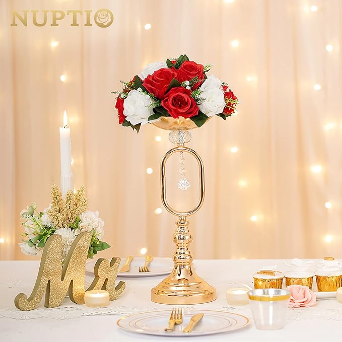 NUPTIO Pcs of 2 Fake Flower Ball Arrangement Bouquet,15 Heads Plastic Roses with Base, Suitable for Our Store's Wedding Centerpiece Flower Rack for Parties Valentine's Day Home Décor (Red & White)