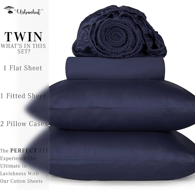 URBANHUT 700 Thread Count Twin Size Egyptian Cotton Sheets, 4Pc Sheet Set Soft Luxury Bed Sheets for Twin Size Bed, Sateen Weave Hotel Sheets, 14'' Elasticized Deep Pocket - Navy Blue