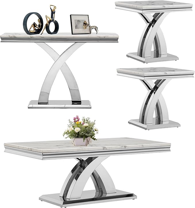 Marble Console Entryway Table, 47 inch Faux Marble Narrow Long Sofa Table, Modern White Tall Accent Table for Living Room, Entrance Table with Silver Geometric Stainless Steel Frame