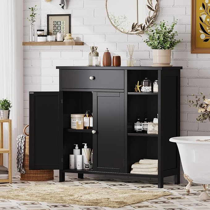 Irontar Bathroom Cabinet with Doors, Bathroom Floor Cabinet with Drawer & Adjustable Shelf, Kitchen Cupboard Storage for Living Room, Entryway, Black