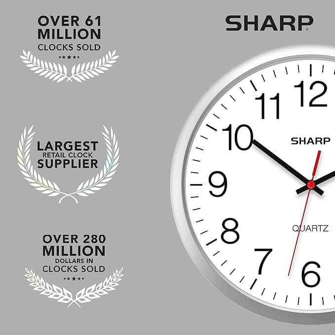 Sharp Wall Clock – Silver, Silent Non Ticking 14 Inch Quality Quartz Battery Operated Round Easy to Read Home/Kitchen/Office/Classroom/School Clocks, Sweep Movement