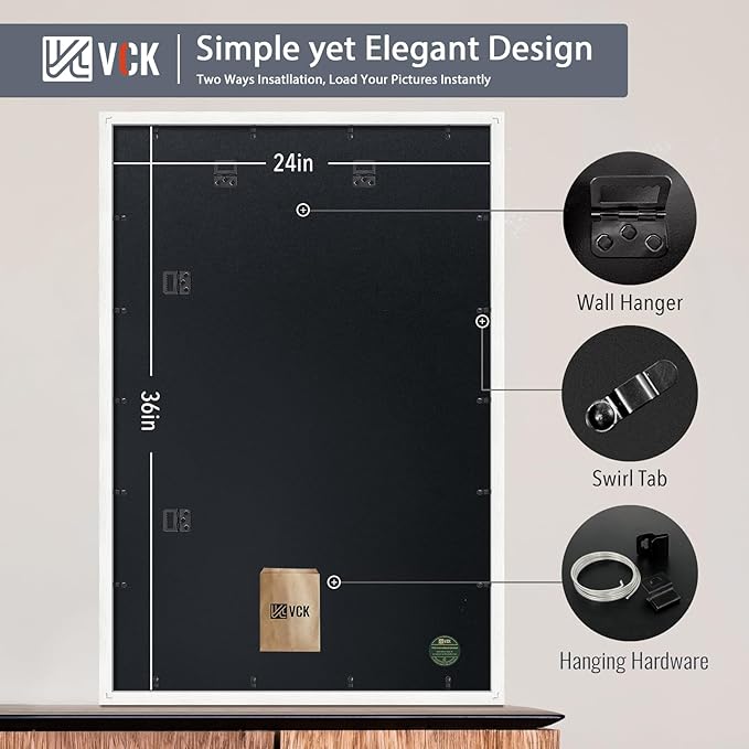 VCK 24x36 Poster Frame 5 Pack - with Mat 20x30, White Solid Wood Picture Frame with Textured Exclusive, Horizontal and Vertical Formats with Included Hanging Hardware