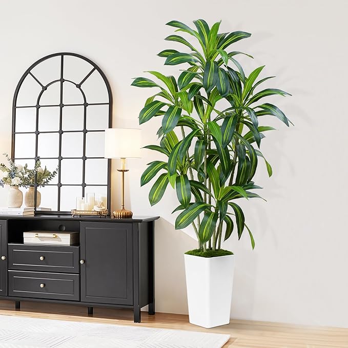 Dracaena Plant Artificial Tree 6Ft Tall Fake Tropical Floor Plants Potted (Real Touch) Artificial Silk Tree Leaf Faux Trees White Tall Planter for Home Office Living Room Indoor Outdoor Decor