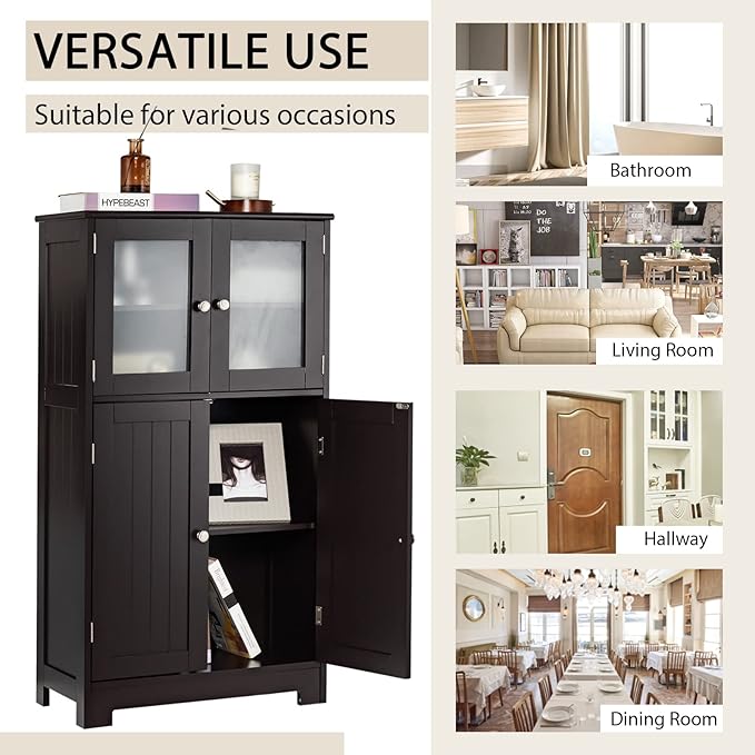 GOFLAME Bathroom Storage Cabinet, Freestanding Storage Cabinet with 4 Doors, Wooden Kitchen Cupboard with Adjustable Shelf, Buffet Sideboard, Multipurpose Home Organizer for Bathroom, Kitchen, Brown
