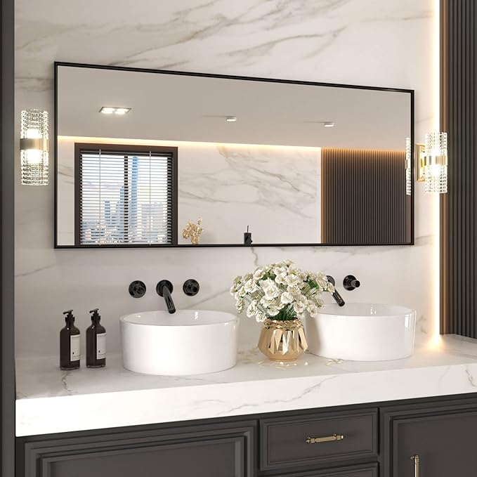 LOAAO 72"X32" Black Rectangle Bathroom Mirror Wall, Matte Black Aluminum Alloy Frame, Tempered Glass, Hangs Vertically or Horizontally, Easy to Install