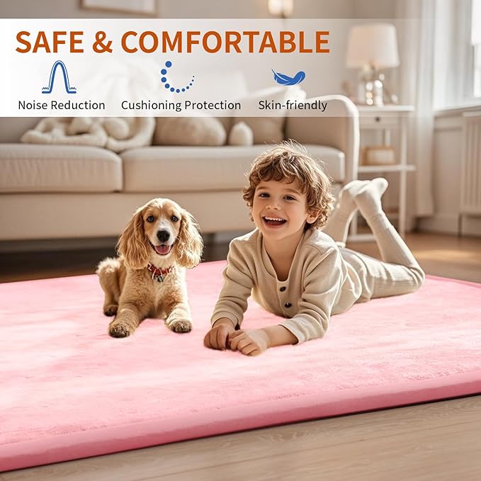 ACOMOPACK Baby Play Mat for Floor,1.3" Thick Memory Foam Area Rug for Living Room,Soft Velvet Crawling with Non-Slip Bottom for Kid,Toddler,79"×157" Tummy Time Nursery Rugs,Yoga（Pink）