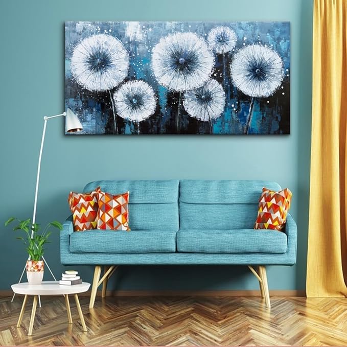 Modern Dandelion Wall Art for Living Room Office Navy Blue White Floral Canvas Painting Prints Large Flower Artwork Kitchen Bedroom Decor (23x46 Inches)