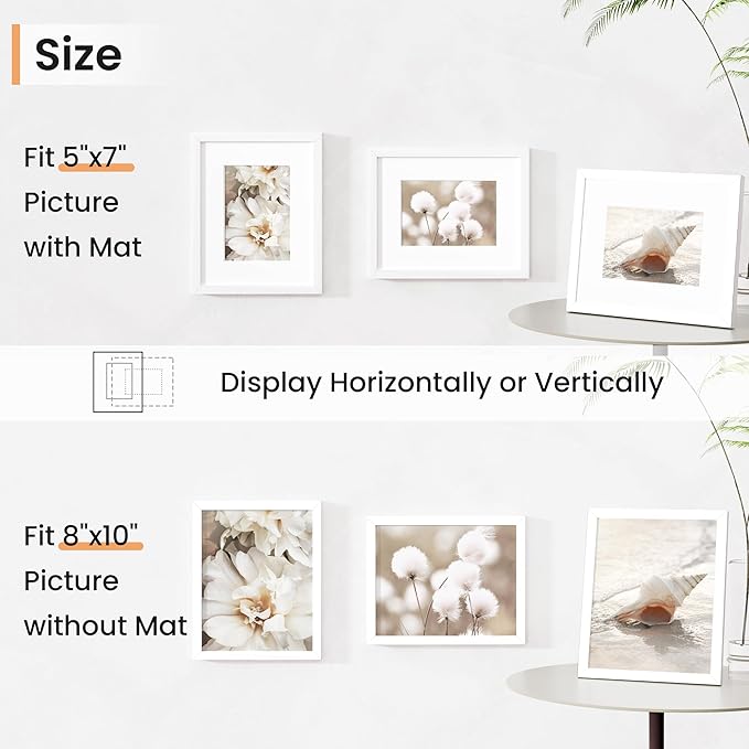 8x10 inch Picture Frame, 8x10 Photo Frames with 5x7 Removable Mat - High Definition Plexiglass - Vertical and Horizontal Display - Wall Hanging Frame - White, 5 Pack