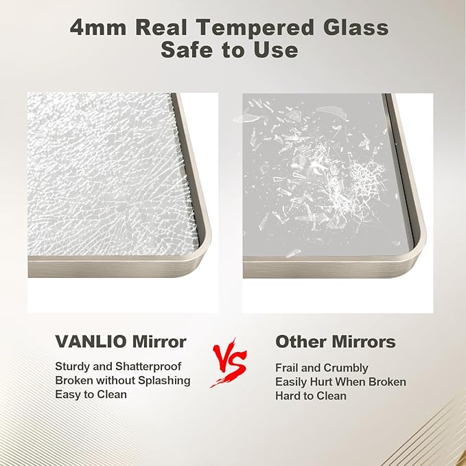 24x36 Inch Brushed Nickel Bathroom Mirror, Brushed Silver Metal Framed Wall Mirror, Rounded Corner Rectangle Vanity Mirror, Tempered Glass, Anti-Rust, Shatterproof (Horizontal/Vertical)