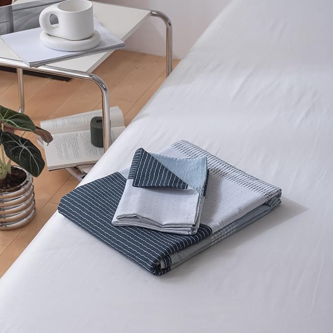 VM VOUGEMARKET Striped Duvet Cover Full,3 Pieces Blue Gray Duvet Cover Sets-100% Cotton Modern Simple Comforter Cover with Zipper for Teens Boys Men-80x90 Inch