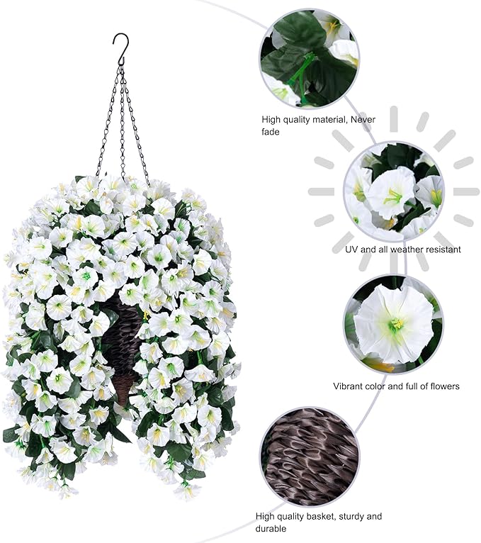 Artificial Fake Flowers Plants Hanging Baskets for Outdoor Outside Fall Decor, Faux Silk Hanging White Morning Glory Trailing Vines UV Resistant Look Real for Porch Patio Home Decoration