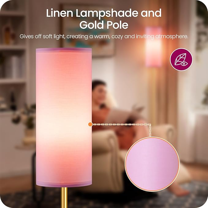 Dimmable Pink Floor Lamp for Living Room with Remote and Foot Switch, Corner Floor Lamp, 66'' Standing Tall Lamp, 10W 900LM Bulb Included, 3000K-6500K, Linen Shade, Gold Pink, FCC Listed DP06LD05W1