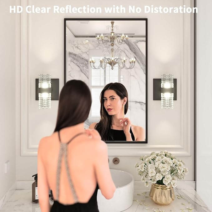 LOAAO 24"X36" Black Rectangle Bathroom Mirror Wall, Matte Black Aluminum Alloy Frame, Hangs Vertically or Horizontally, Easy to Install