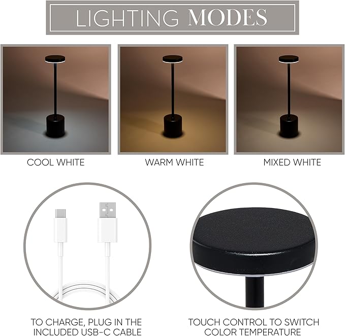 Camden Reed Table Lamp, Desk lamp, 3 Different Lighting Modes, Modern Minimal Design for Dinner/Coffee Table/Restaurant/Bedroom, Flat Black