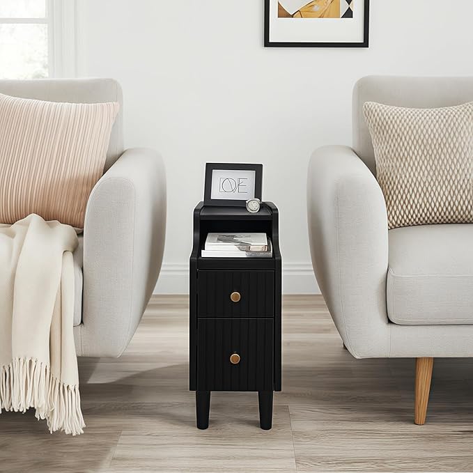 Narrow Nightstand with 2 Drawers, Fully Assembled Slim Bedside Table, Pre-Assembled Slim Nightstand for Small Spaces, Living Room, Bedroom, Black