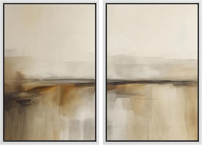MUDECOR Framed Canvas Print Wall Art Set Abstract Beige and Brown Gradient Neutral Minimalist Landscape Illustrations Modern Art Decorative Calm for Living Room, Bedroom, Office - 16"x24"x2 White
