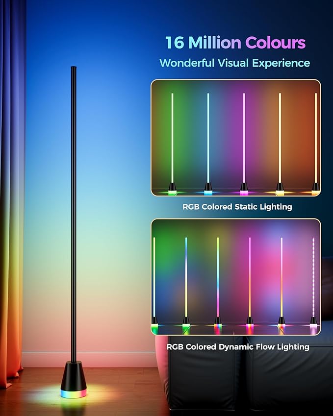 Smart RGB Corner Floor Lamp, 60 Inch 172 LEDs Bright Standing Lamps for Bedroom with APP and Remote, Modern Floor Lamp with Music Sync and 16 Million Colors Changing Ambient Lighting for Living Room