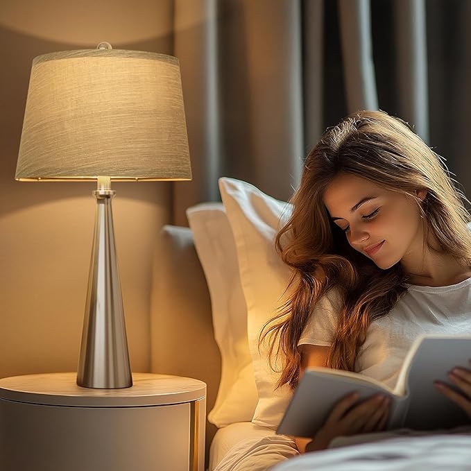 Oneach 25.75" Modern Table Lamp Set of 2, Bedside Lamps with USB Ports, Silver Nightstand Lamps Set for Living Room Bedroom House Bedside Home Office Family