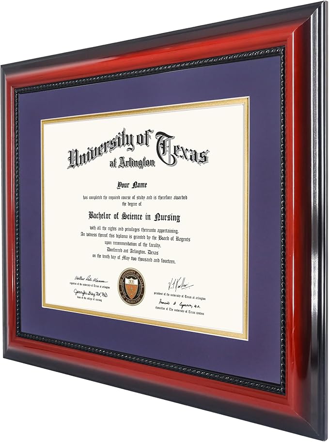 11x14 Diploma Degree Frame with Purple Mat or Display 15x18 Certificates without Mat,Solid Wood,Cherry Finish with Intricate Black Rope Detail,UV Protection Acrylic
