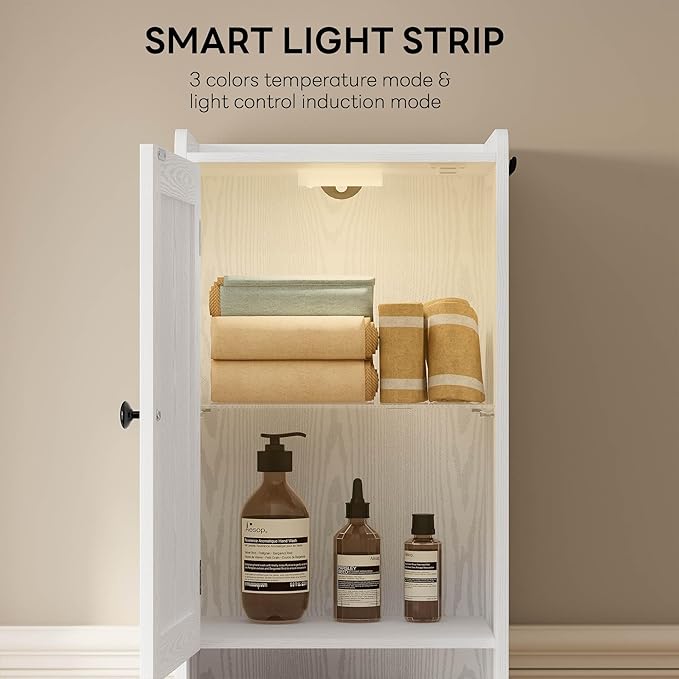 LIKIMIO 68" Tall Bathroom Storage Cabinet with Lights, Narrow Storage Cabinet with Adjustable Shelves, 2 Doors, 2 Hooks & 1 Drawer, Slim Freestanding Cabinet for Bathroom, Living Room, Kitchen, White